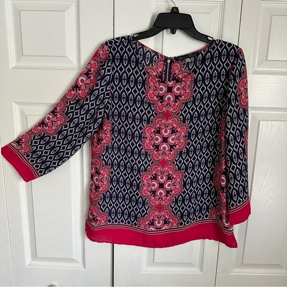 Rose & Olive Womens Pink Navy Geometric Long Sleeve Top Sz L Boho Career Flowy - Picture 1 of 9